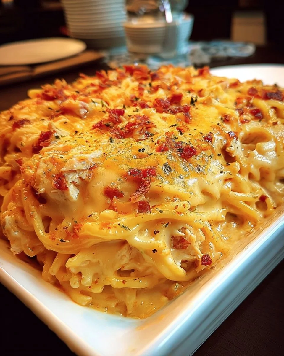 Delicious spicy southern cheesy chicken spaghetti casserole baked in a dish