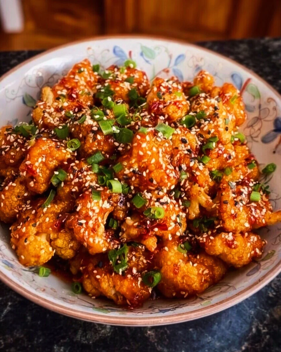 Delicious sticky sesame cauliflower garnished with sesame seeds.