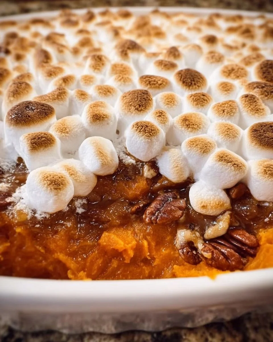 Delicious sweet potato casserole topped with marshmallows and pecans