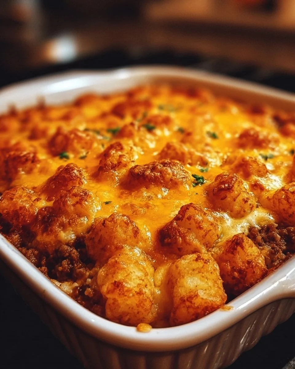 Delicious Tater Tot Casserole fresh out of the oven, garnished and ready to serve.