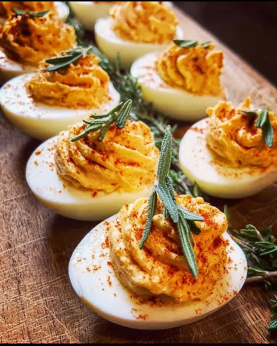 Thanksgiving deviled eggs served on a festive platter
