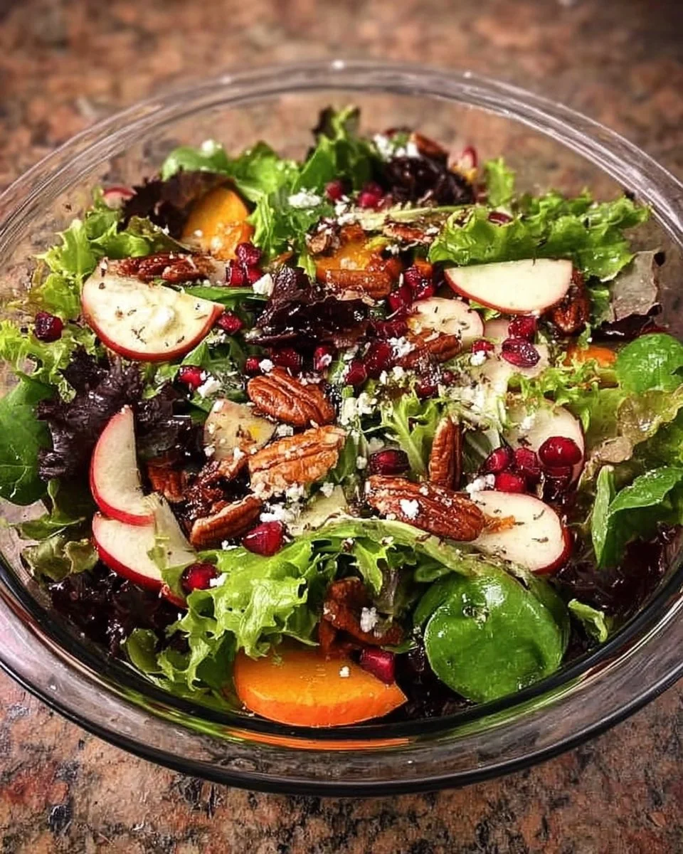 A vibrant Thanksgiving Salad filled with seasonal veggies and cranberries on a wooden table.