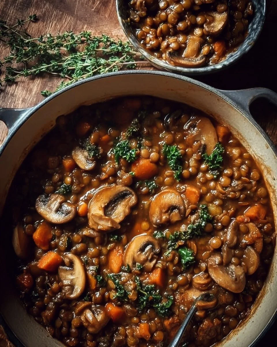 Delicious Vegan Lentil Mushroom Stew in a bowl with fresh herbs and bread