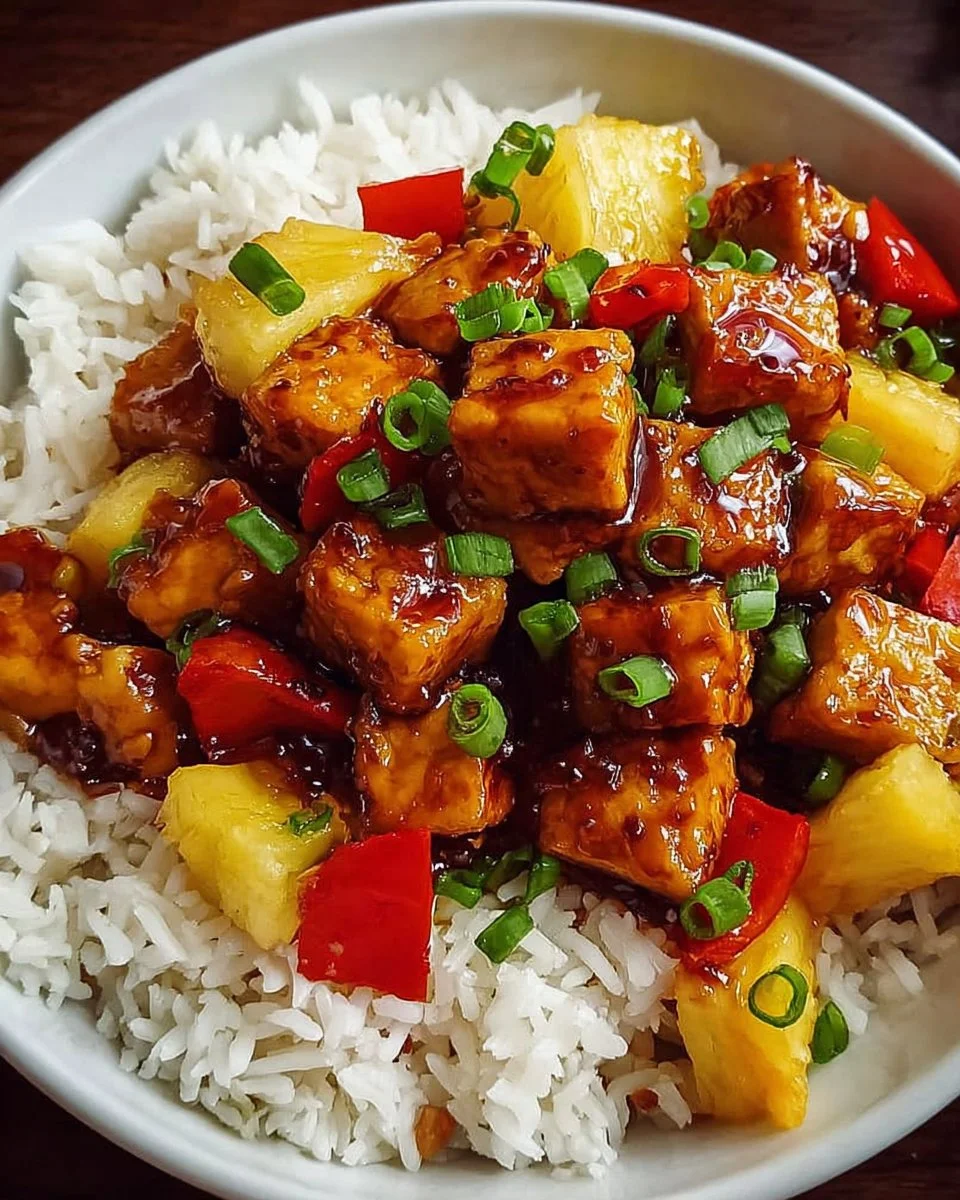 Delicious Vegan Pineapple Tofu dish served on a plate, garnished with fresh herbs.