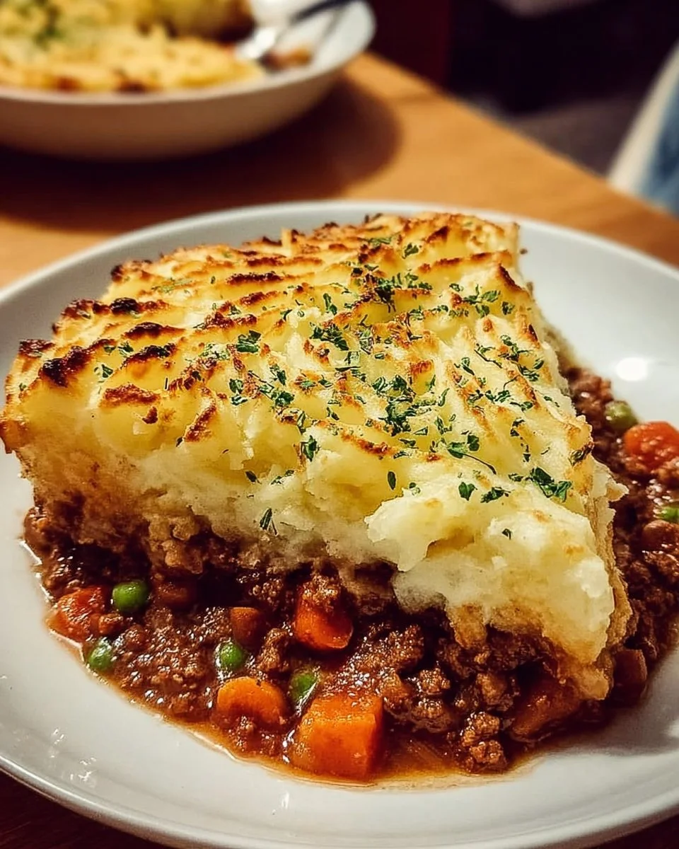Delicious Vegan Shepherd's Pie topped with golden mashed potatoes and vegetables.