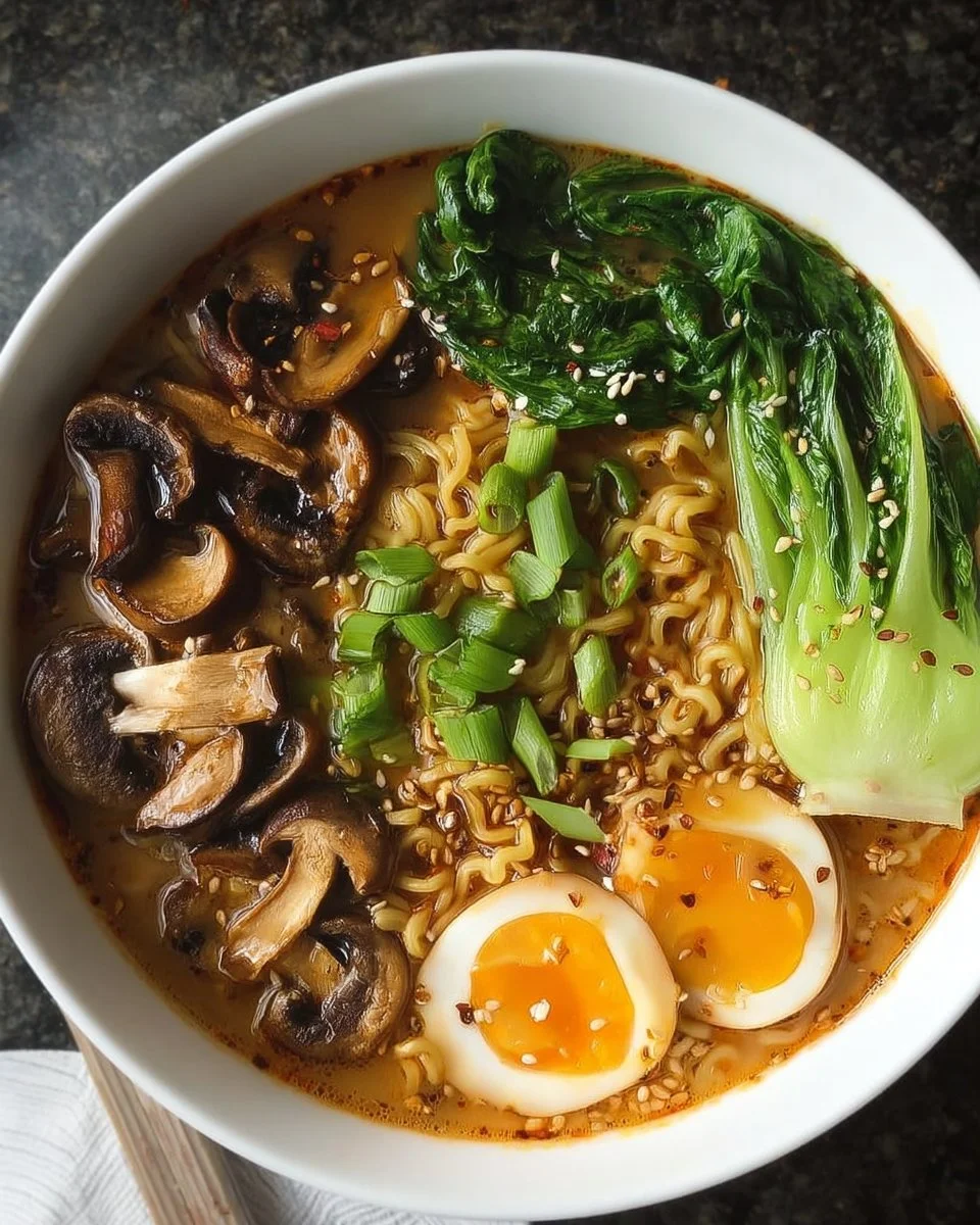 Delicious vegan spicy ramen with fresh vegetables and chili spices