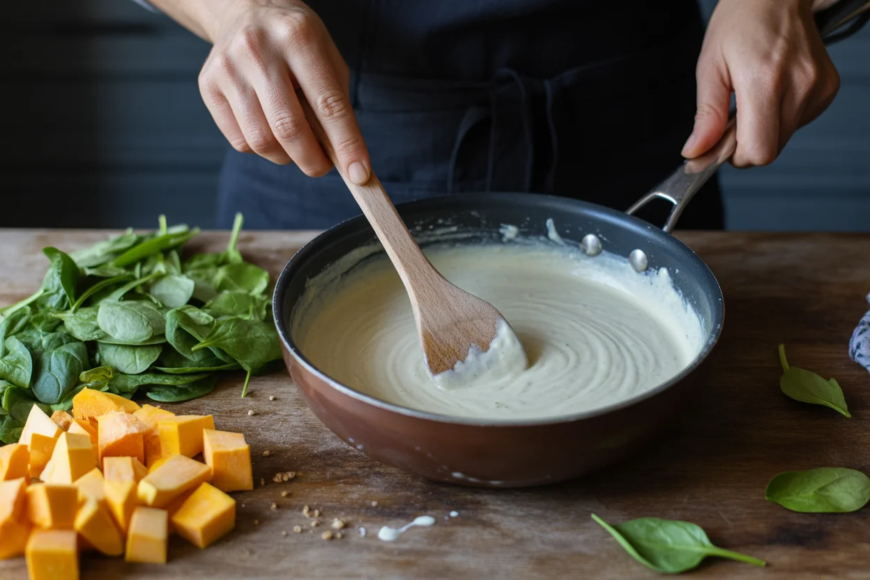 Butternut squash and spinach lasagna with white sauce
