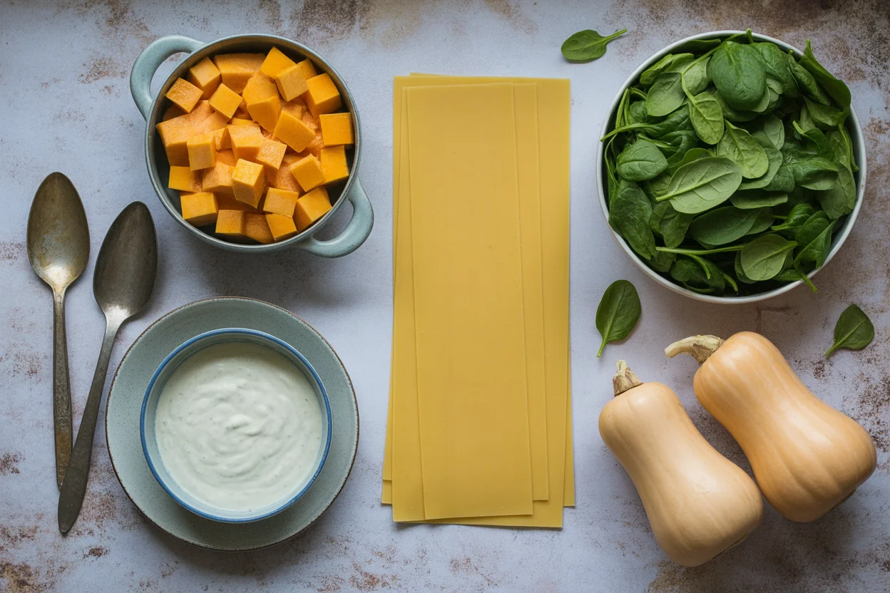 Butternut squash and spinach lasagna with white sauce
