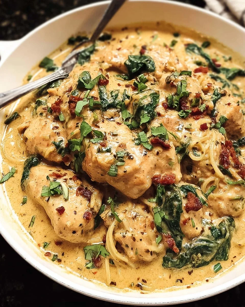 Plate of creamy Tuscan chicken with spinach and sun-dried tomatoes
