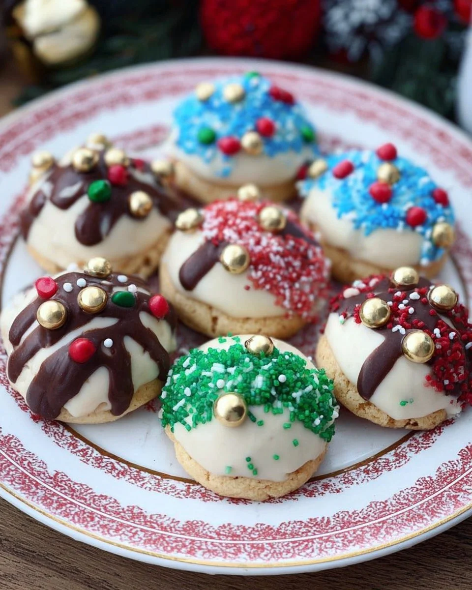 Colorful and festive Christmas bauble cookies decorated for the holidays