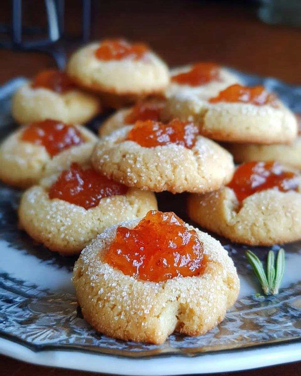 Apricot Rosemary Thumbprint Cookies on a plate, showcasing their unique flavor and texture