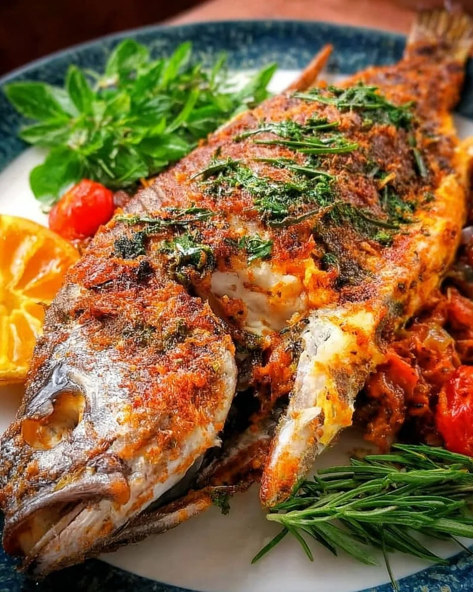 Baked whole catfish garnished with herbs on a plate