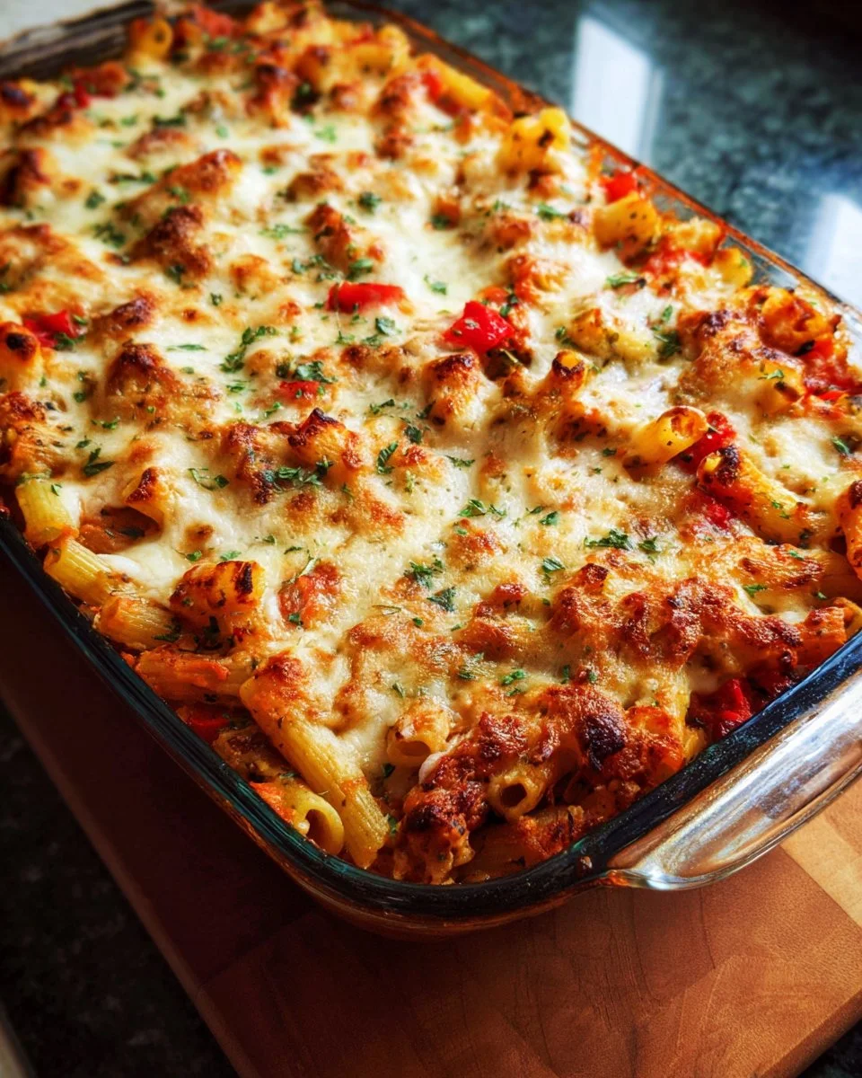 Baked Ziti with Roasted Vegetables topped with cheese and garnished with herbs