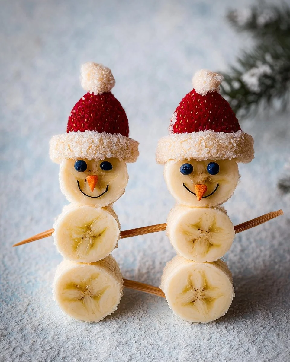 Cute Banana Snowmen made with bananas, chocolate, and accessories for a festive treat