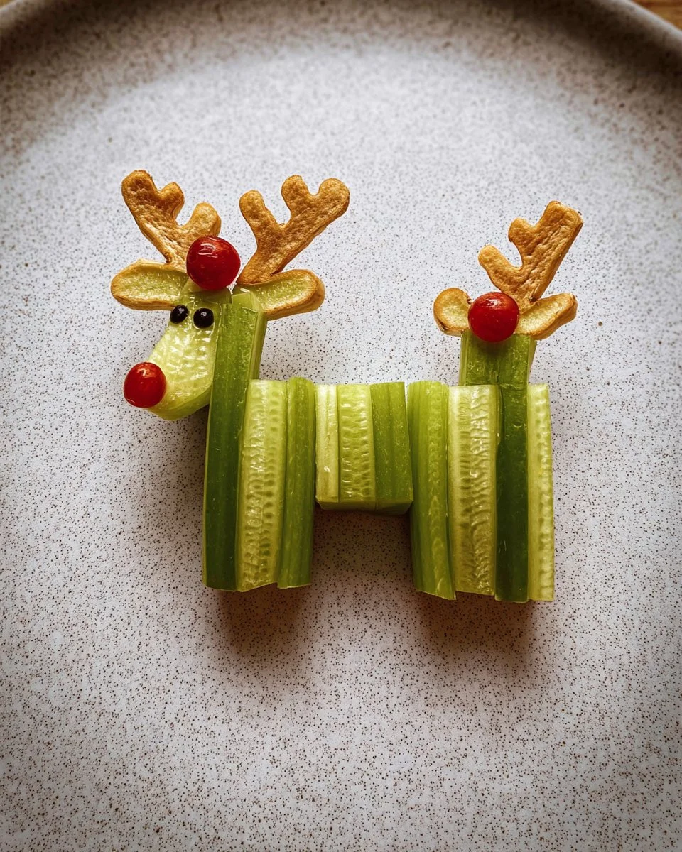 Celery reindeer snack decorated with festive toppings for holiday celebrations.