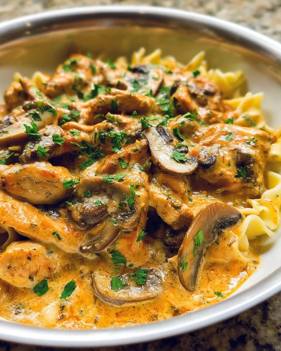 Delicious Chicken Mushroom Stroganoff served in a bowl with mushrooms and herbs