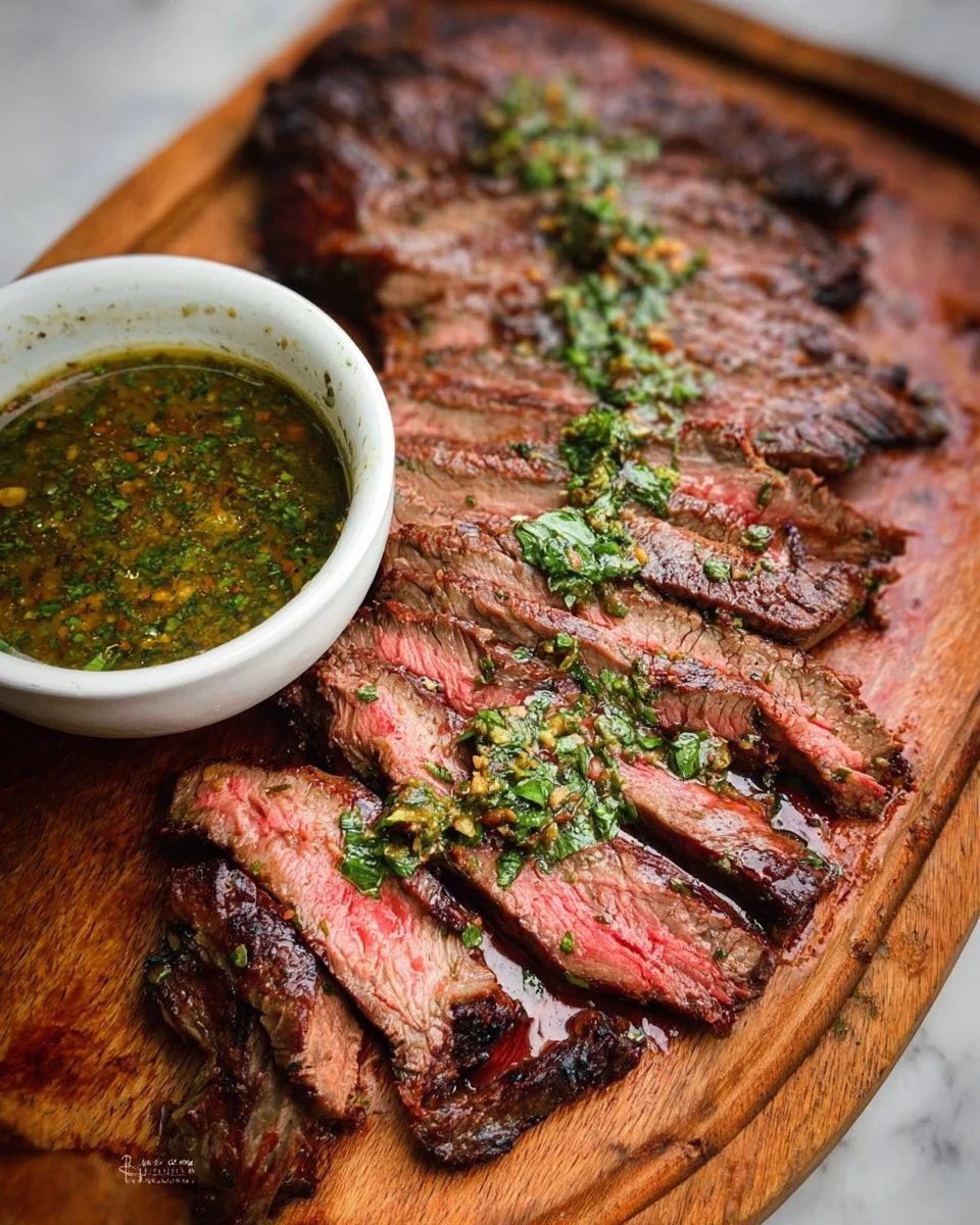 Grilled Chimichurri Flank Steak garnished with fresh herbs