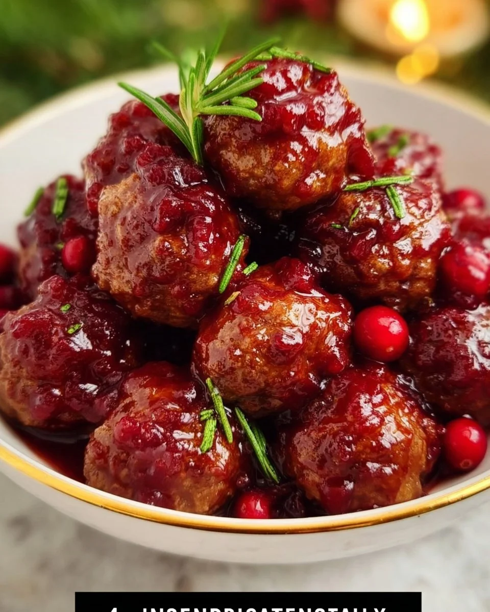 Delicious Christmas Cranberry Meatballs garnished for the holiday season