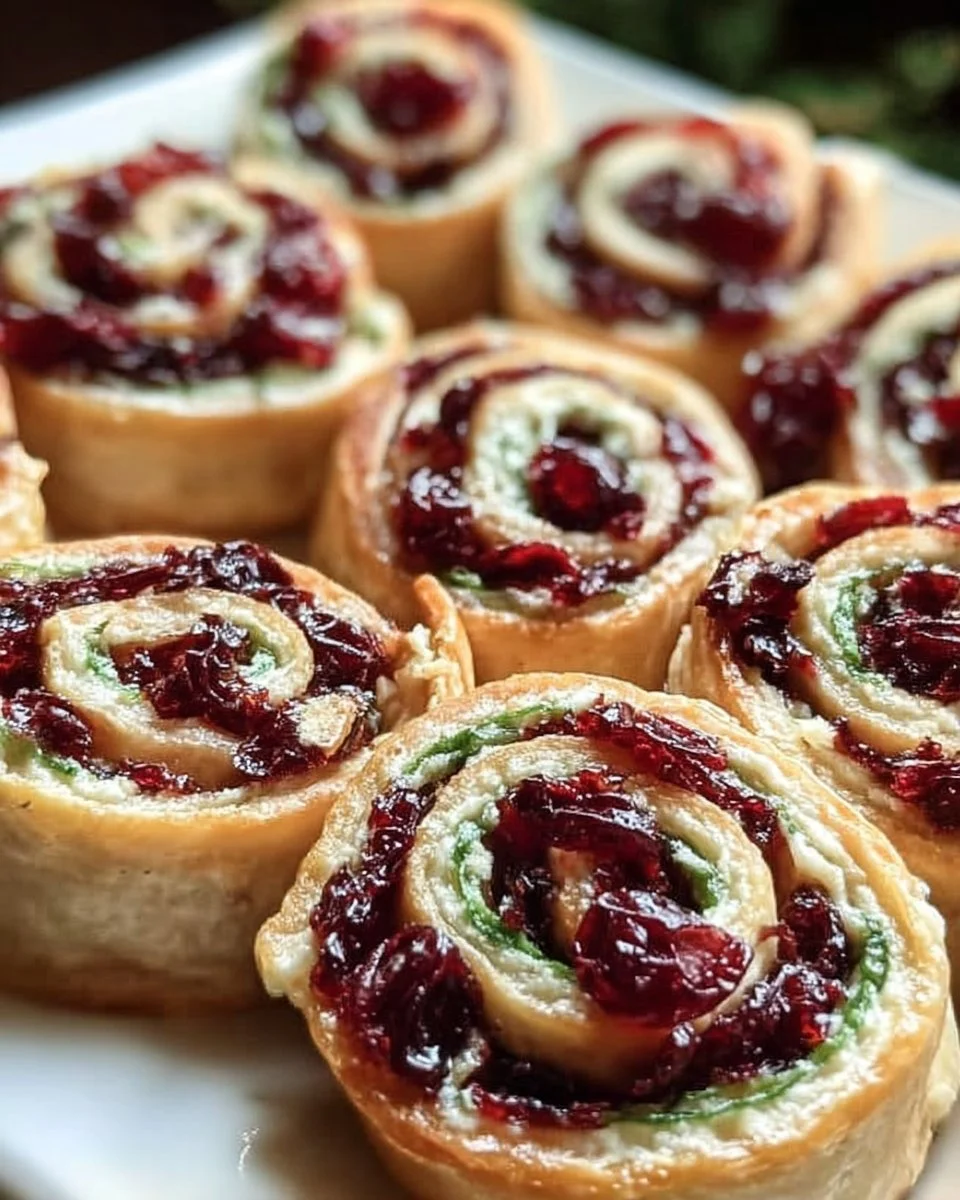 Festive Christmas Cranberry Pinwheels ready to be served at a holiday party.