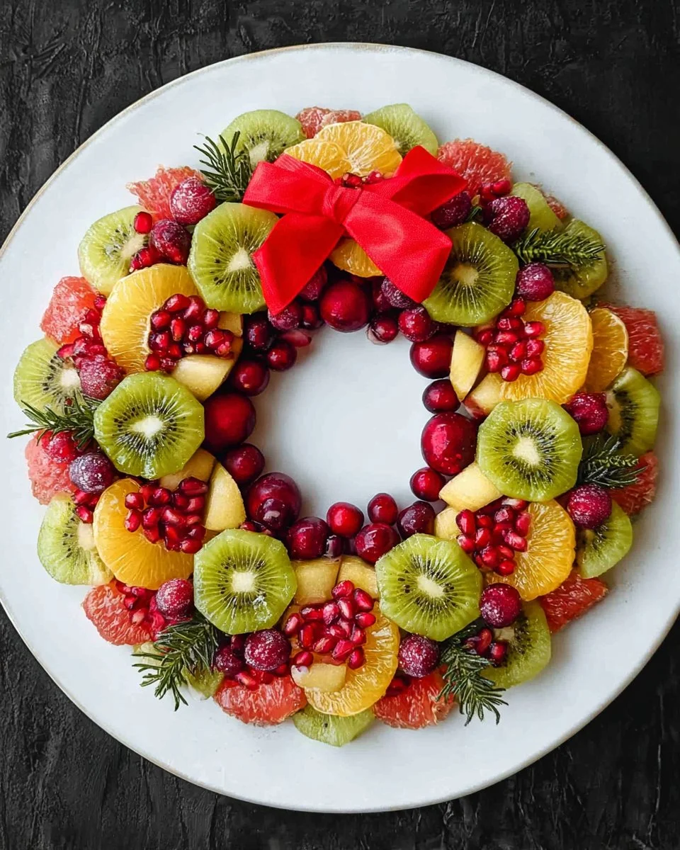 Colorful Christmas fruit wreath featuring fresh fruits and festive decorations.