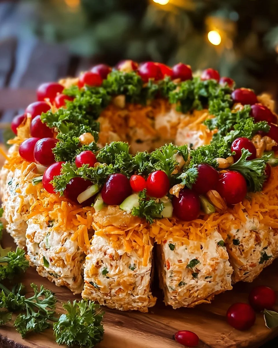 Christmas Taco Cheese Ball Wreath decorated and ready to serve for holiday parties