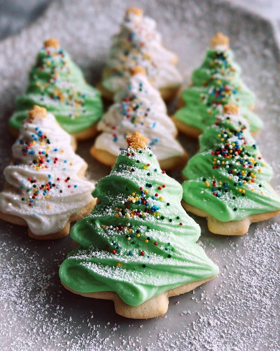 Decorated Christmas Tree Cookies with colorful icing and sprinkles