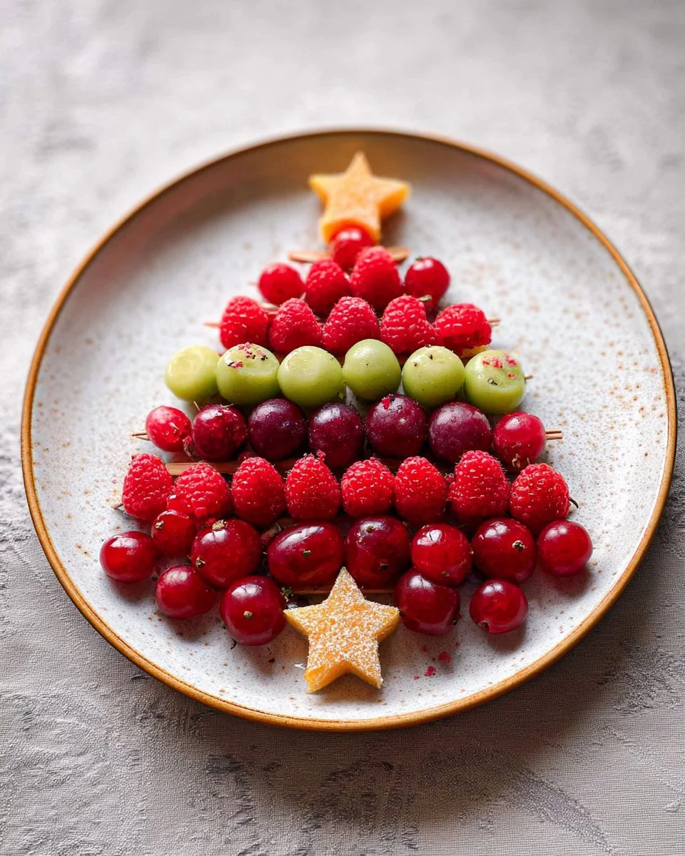 Colorful Christmas Tree fruit platter featuring assorted fresh fruits for holiday gatherings.