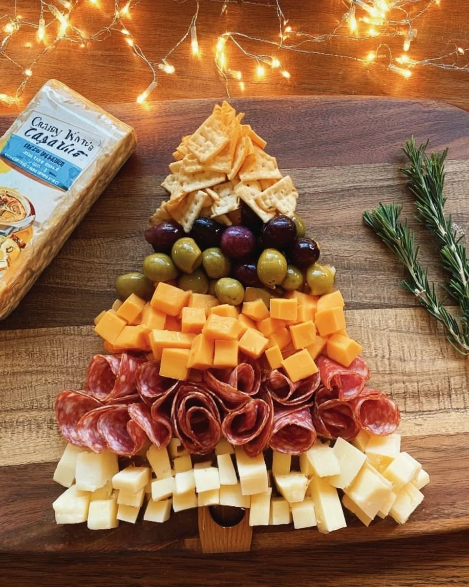 Festive Christmas tree shaped charcuterie board with assorted meats and cheese.
