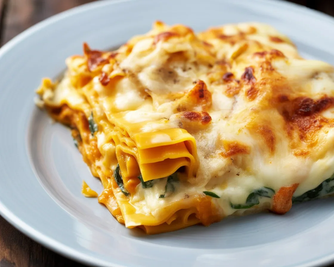 Delicious butternut squash and spinach lasagna with creamy white sauce and layers of cheese.