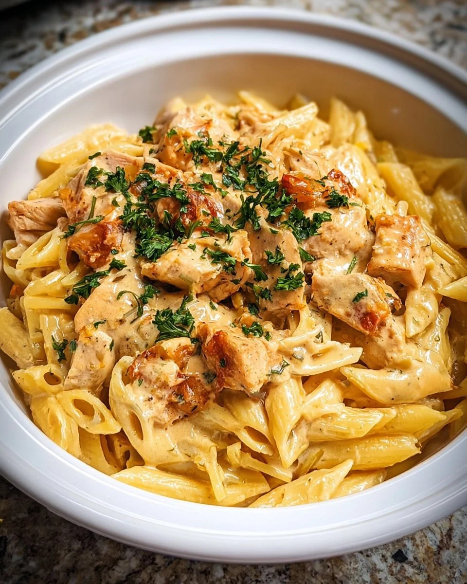 Crock Pot Creamy Cajun Chicken Pasta in a bowl garnished with parsley.