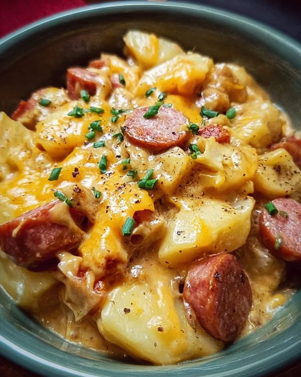 Crockpot Cheesy Potatoes and Kielbasa served in a bowl, perfect for dinner.