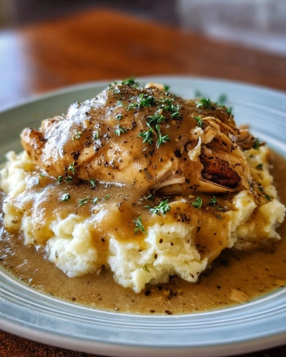 Delicious Crockpot Chicken and Gravy served with mashed potatoes.