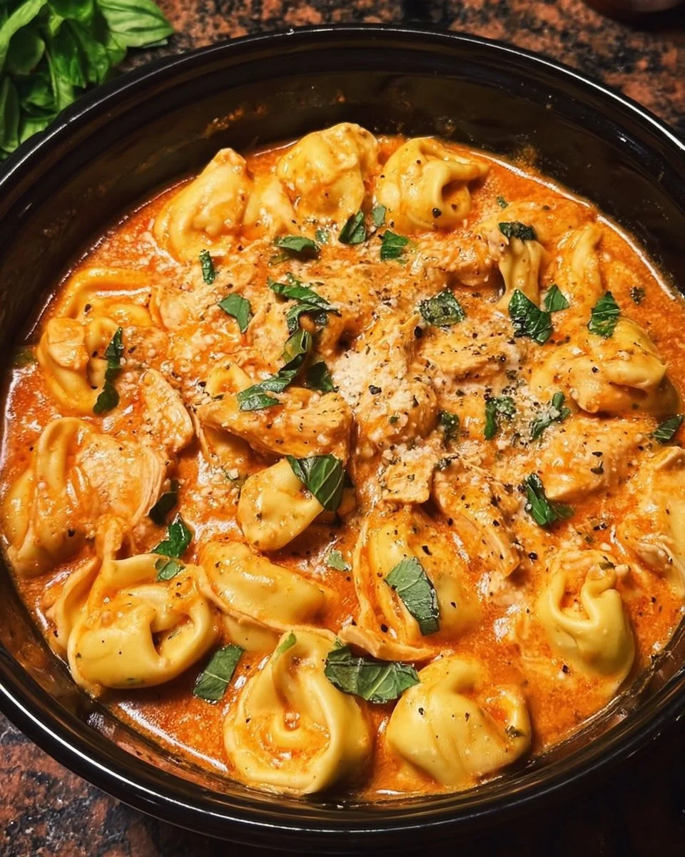CrockPot Chicken Tortellini dish ready to serve with fresh herbs on top