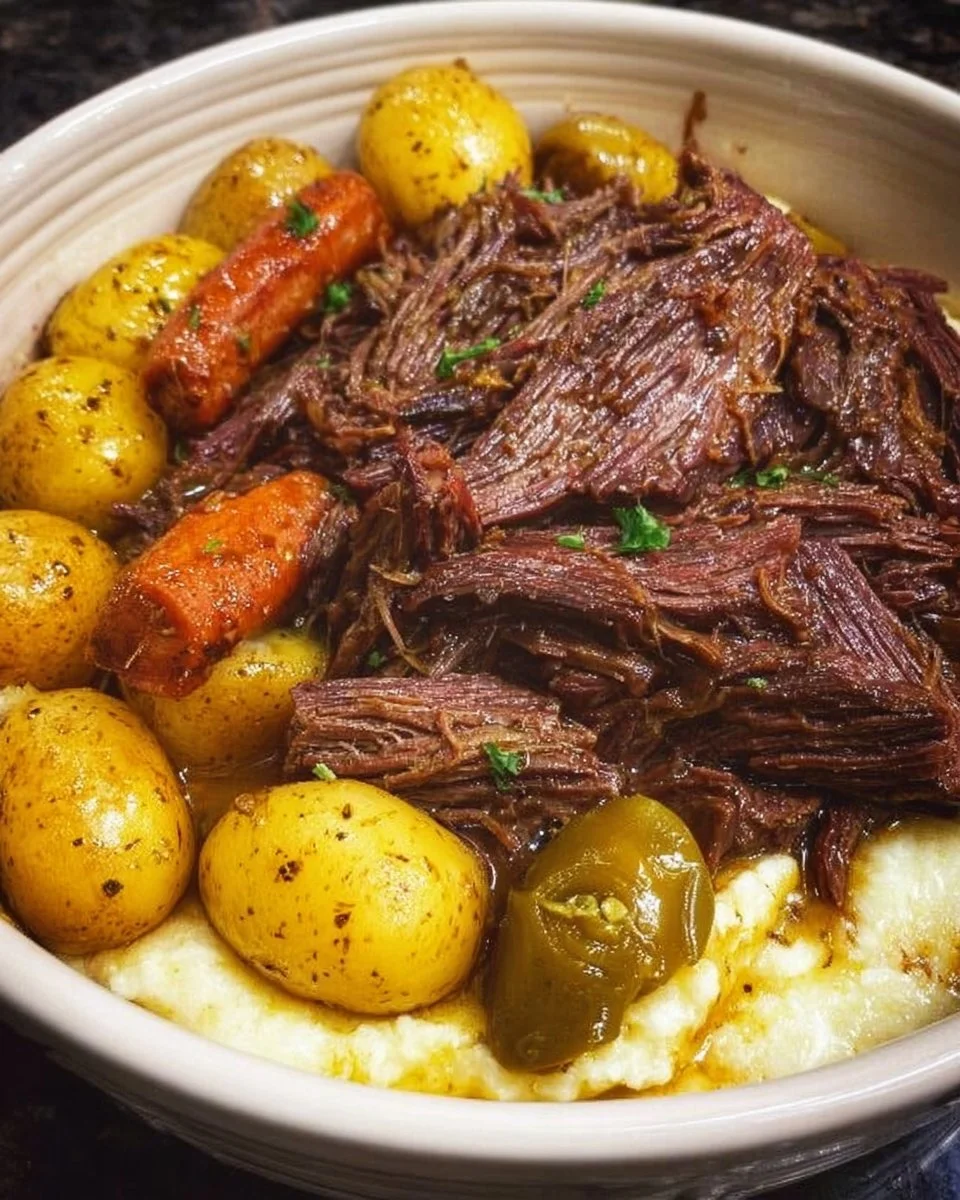 Delicious Crockpot Mississippi Pot Roast served with vegetables