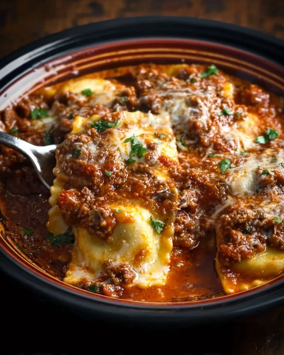 Crockpot ravioli lasagna served in a bowl, showcasing layers of creamy sauce and cheese.