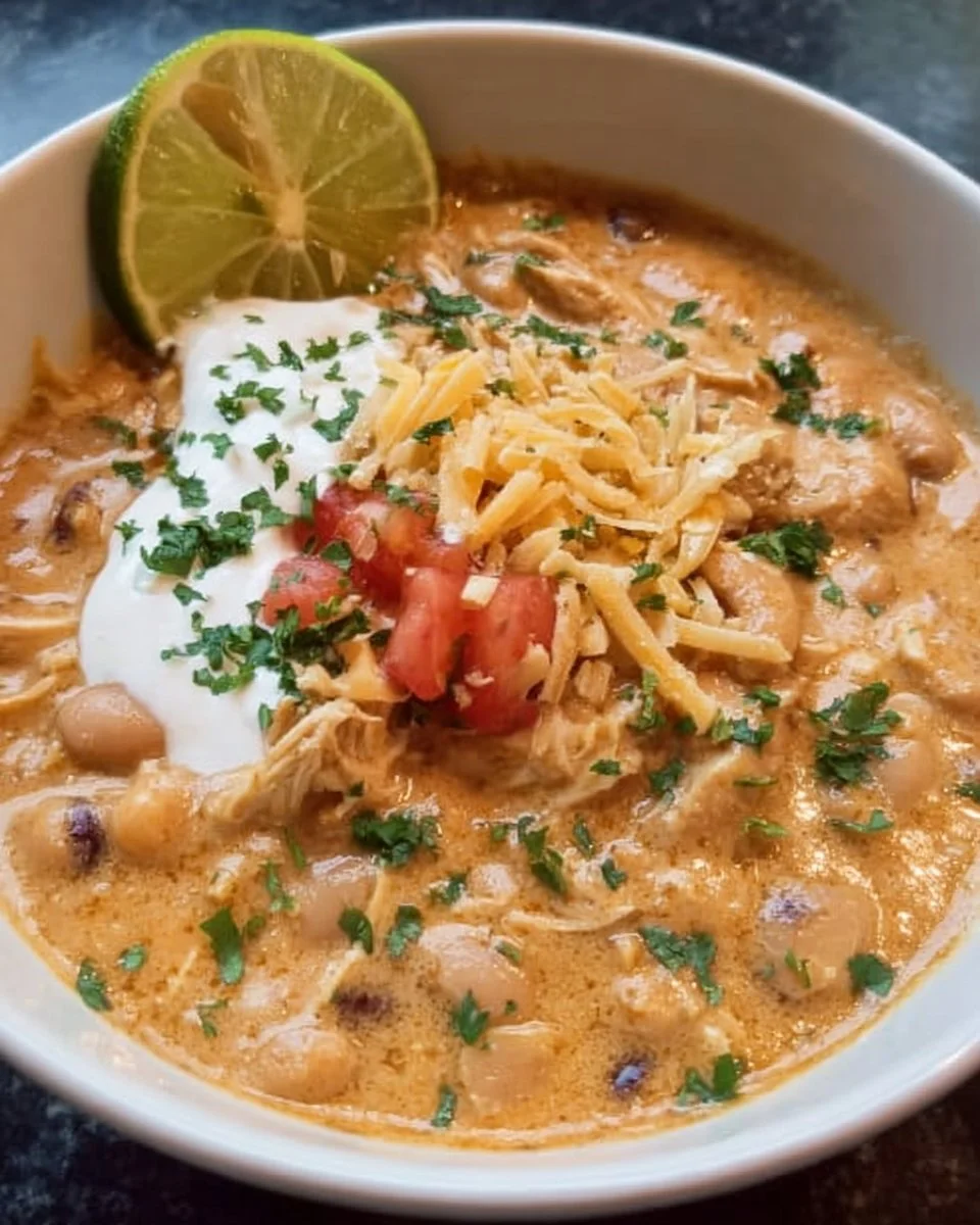 Crockpot White Chicken Chili with cream cheese in a bowl, garnished with cilantro.