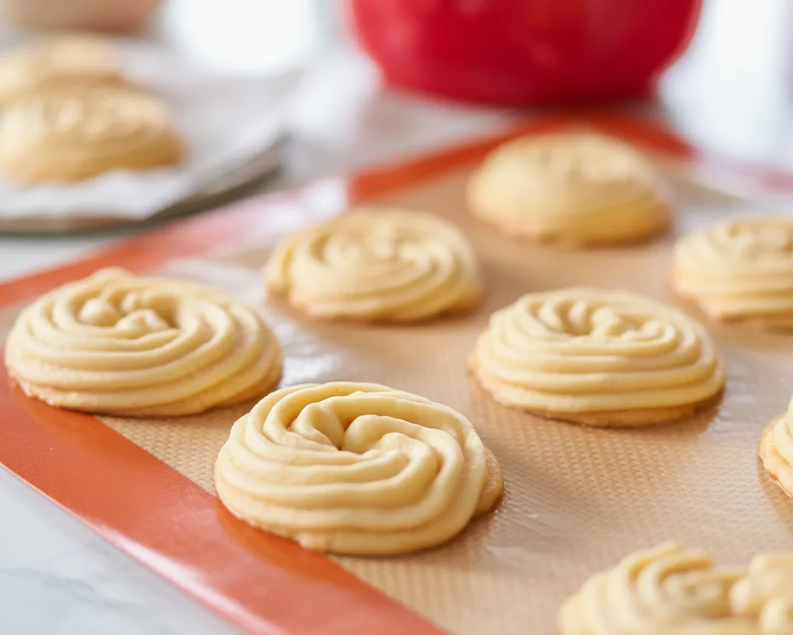 Delicious butter cookie swirls arranged on a baking sheet, ready to bake.
