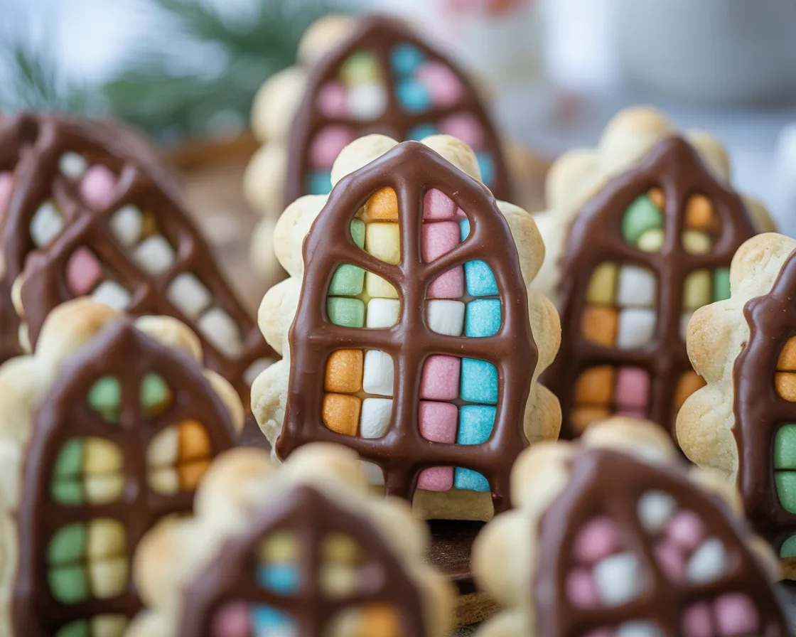 No-bake Church Window Cookies with chocolate, marshmallows, and coconut resembling stained glass.
