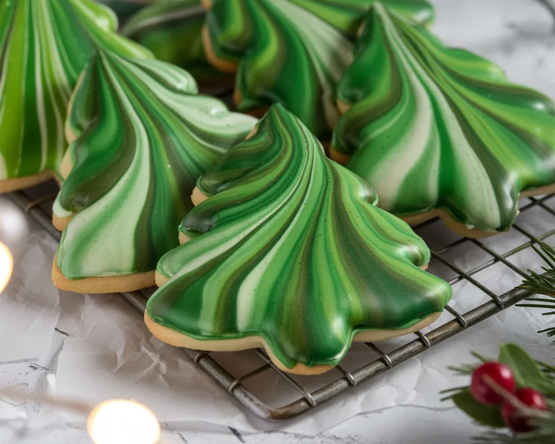 Marbled Christmas Tree Cookies beautifully decorated with royal icing.