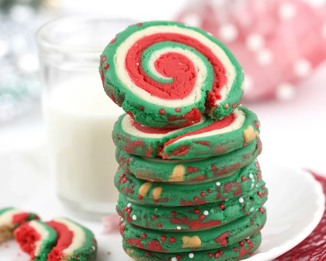 Delicious swirled Christmas cookies with colorful patterns and festive sprinkles.