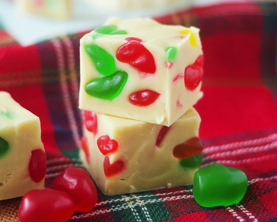 Colorful homemade Gumdrop Fudge decorated with gumdrop candies on a festive setting.