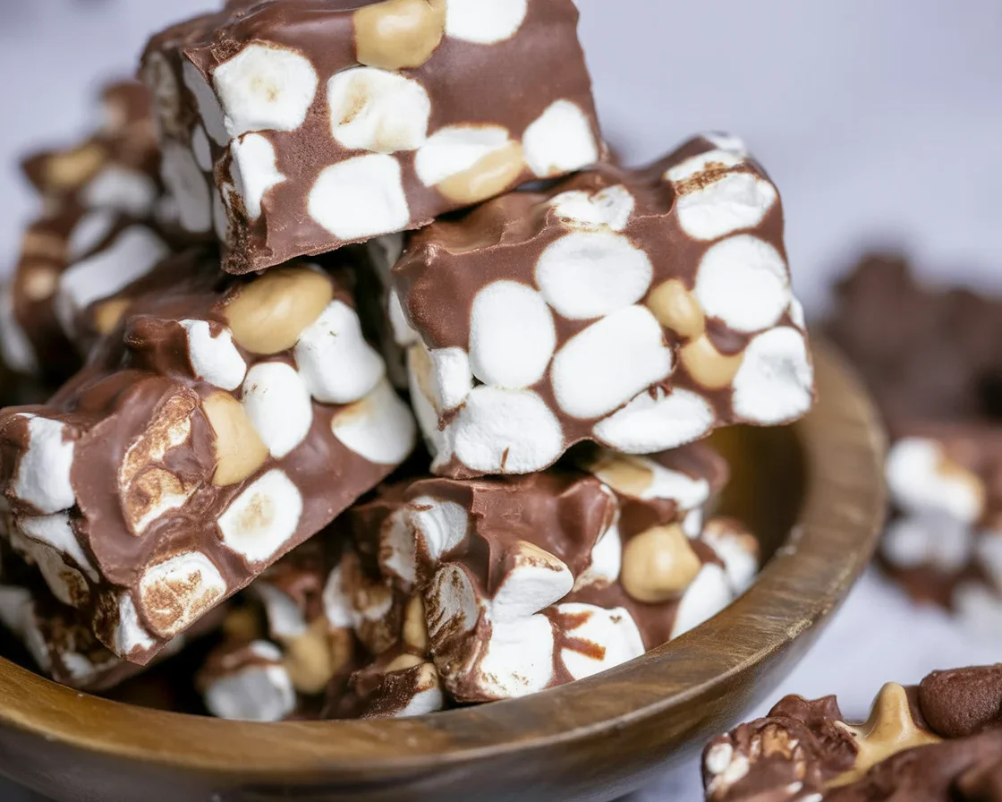 Quick and easy homemade Rocky Road Candy with chocolate, marshmallows, and almonds
