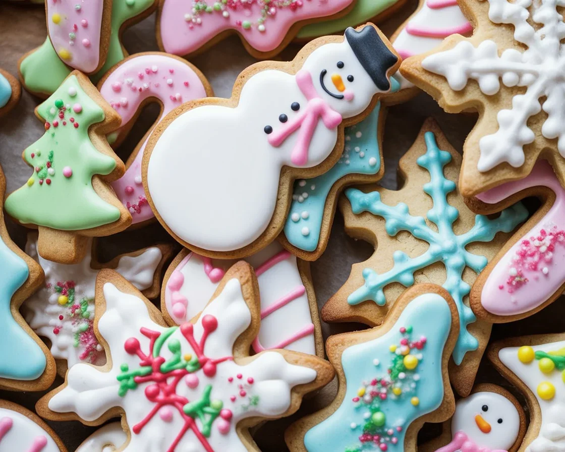 Decorated gingerbread cookies with royal icing on a festive background.