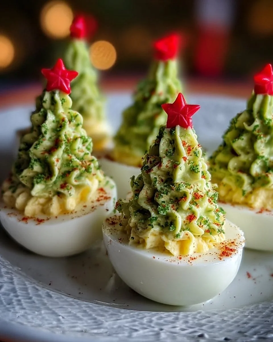 Festive deviled egg Christmas trees arranged on a holiday platter