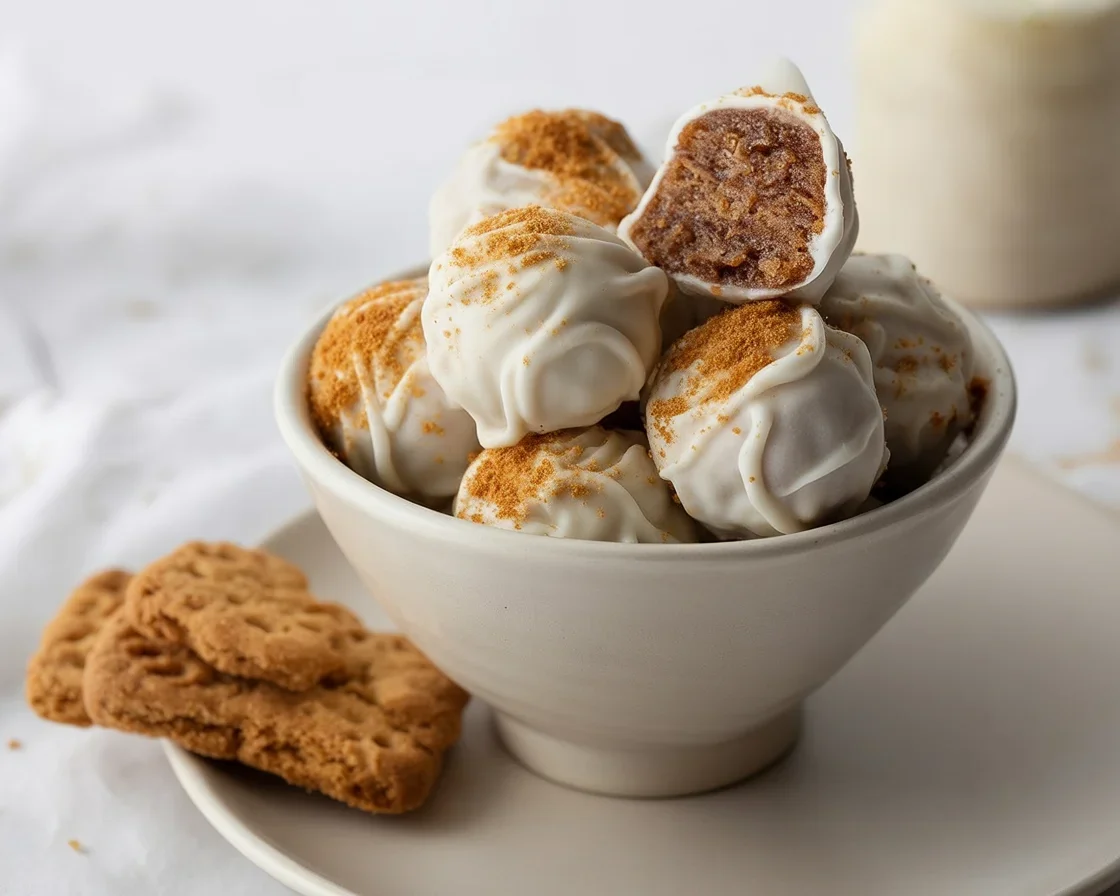 Delicious Biscoff truffles coated in white chocolate, made with crushed cookies and cookie butter.