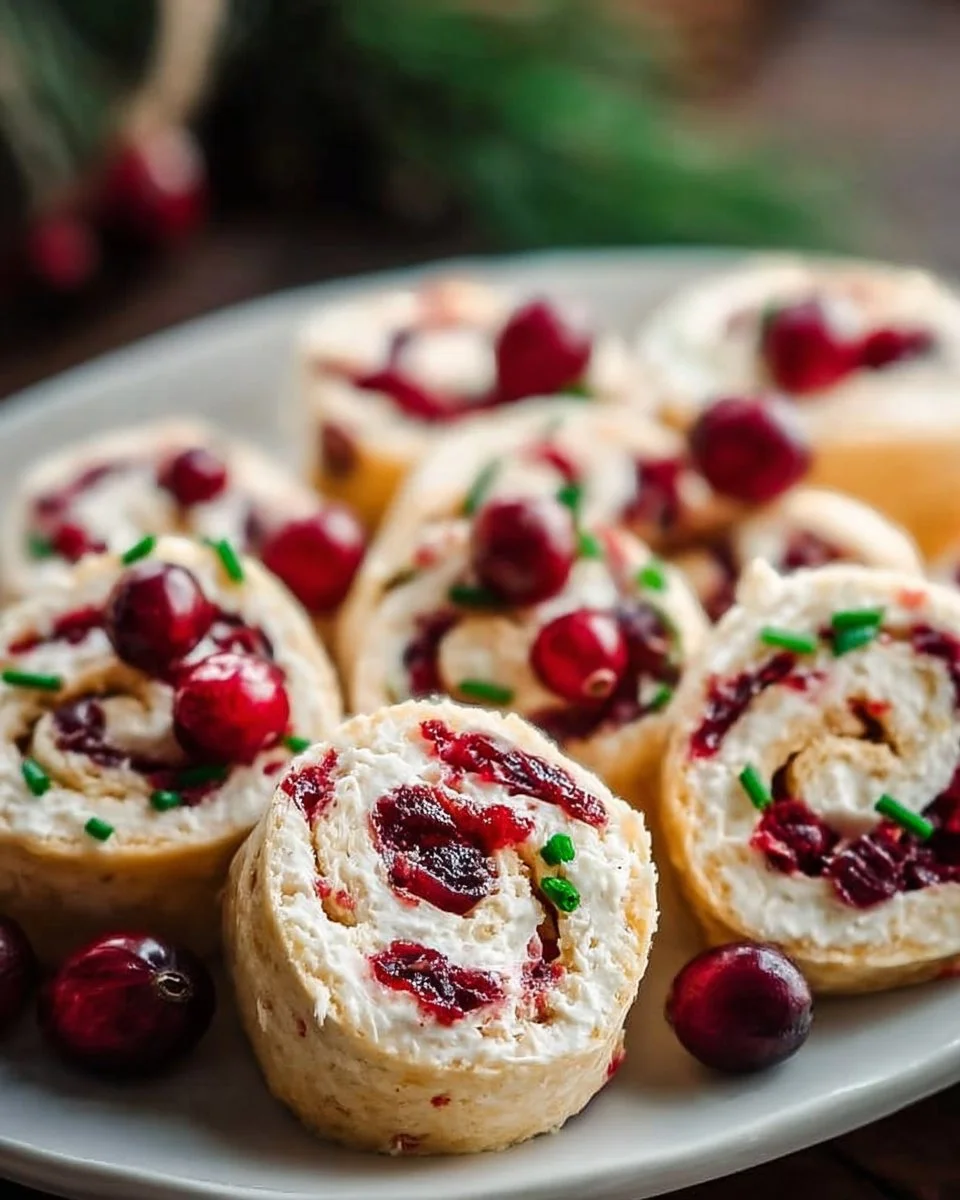 Festive Christmas Cranberry Roll Ups served on a holiday platter