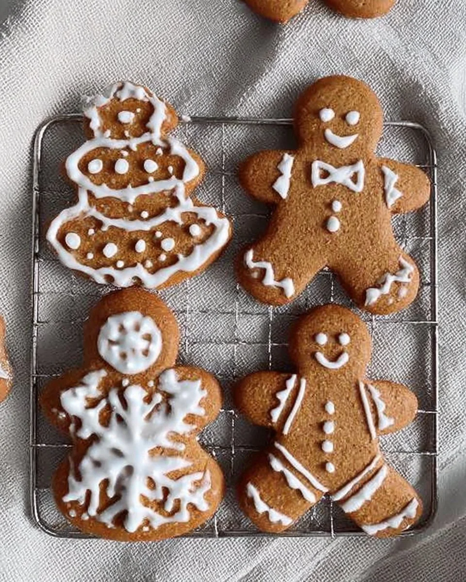 Gluten-free gingerbread cookies decorated with icing on a festive plate