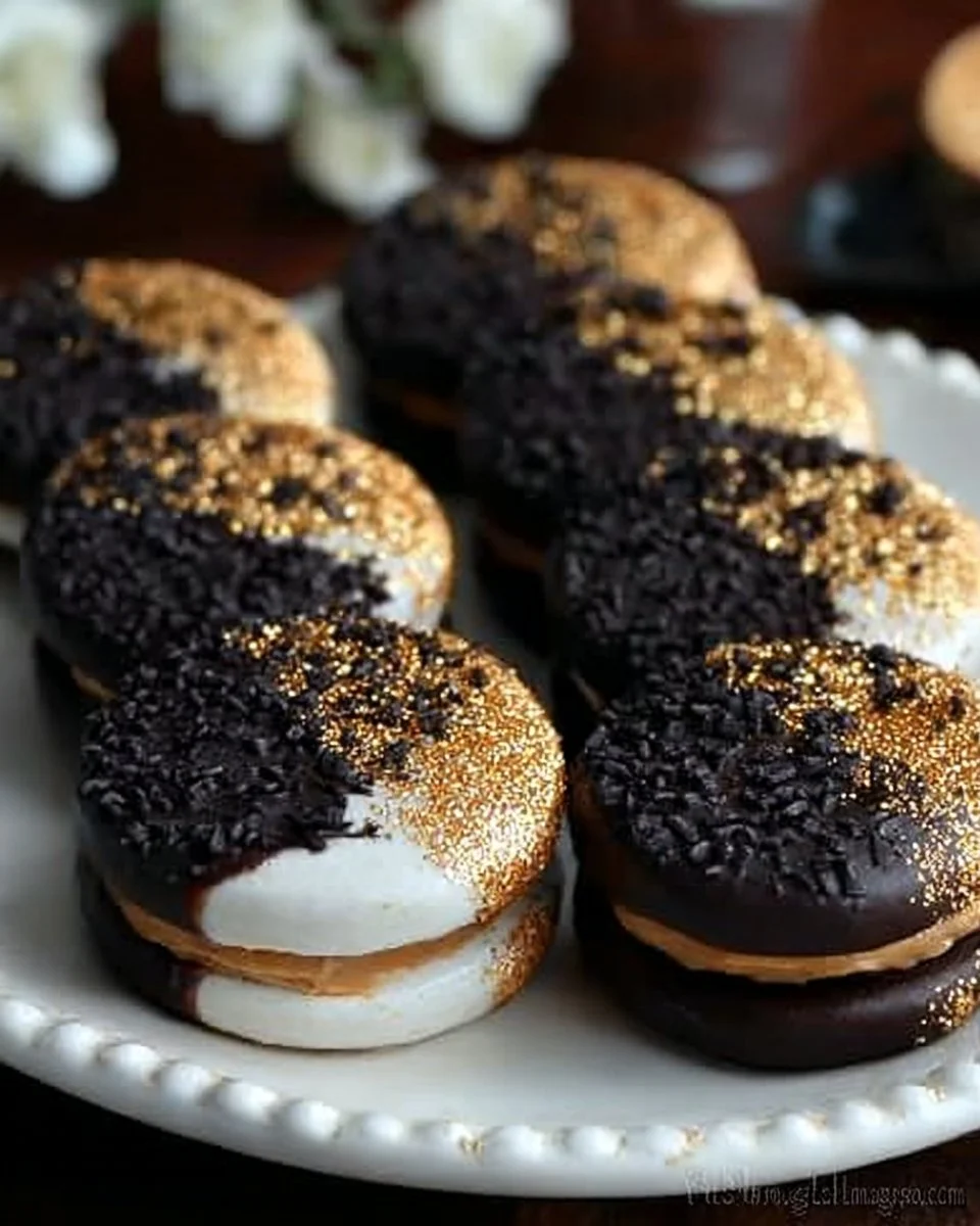 Gold Glitter Dipped Peanut Butter Oreos decorated elegantly for special occasions