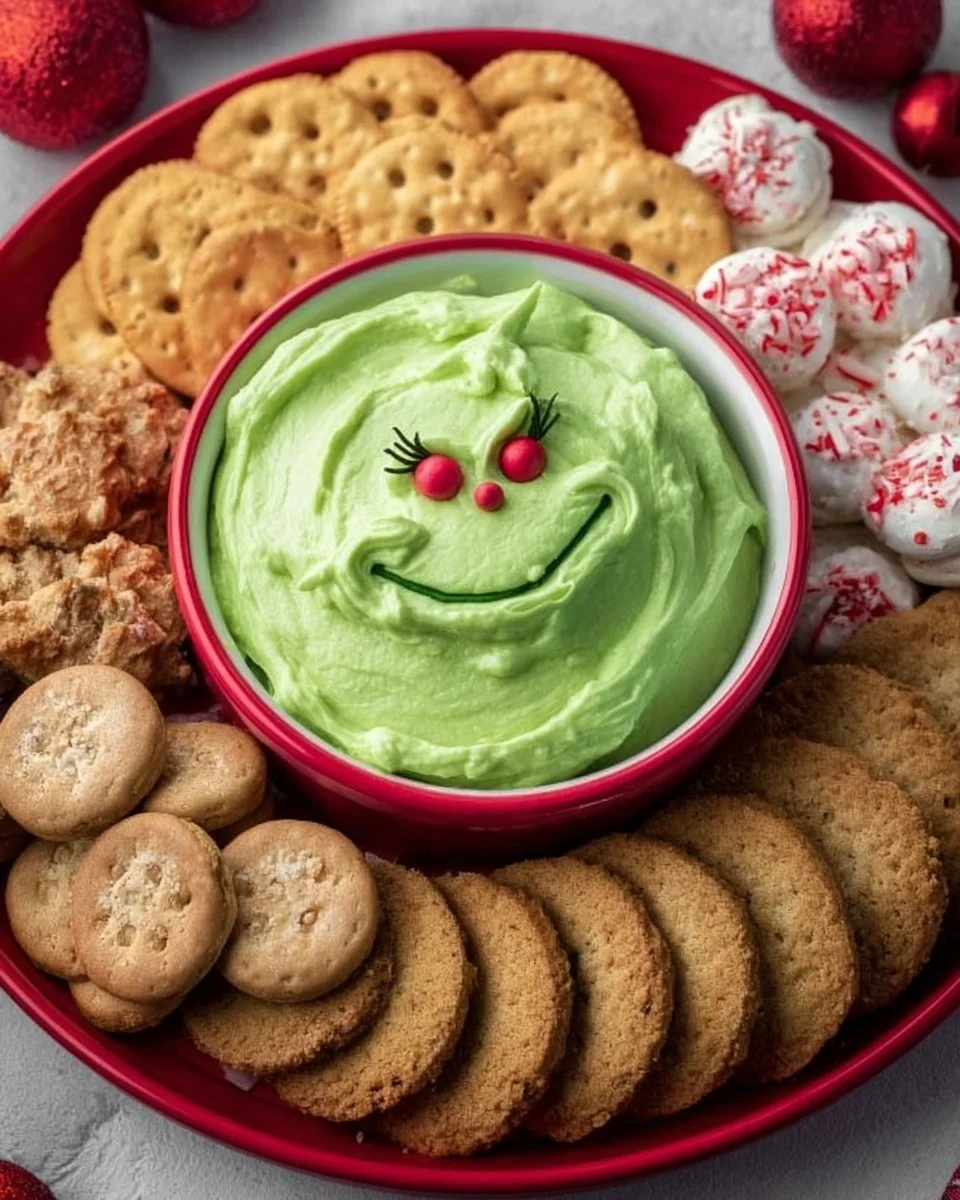 A bowl of festive Grinch Dip with green color and red toppings, perfect for holiday parties.