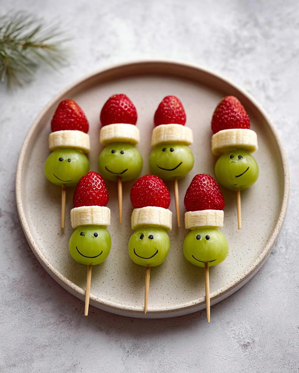Colorful Grinch Fruit Kabobs with strawberries and kiwi, perfect for holiday festivities.